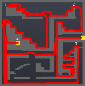 This level can be very frustrating. First go left, then drop down one level (not all the way), then go all the way left and drop all the way down onto a spring and bounce up to the highest level you can reach. You'll have to wall jump a couple of times to reach it. Then go down the stairsteps and jump onto the spring and go left. Go up these stairsteps and hit the first switch. Then go back left, jump over the pit, and jump up the two stairsteps (with **very** high jumps) to hit the second switch. Then slide down the far right wall. Go left and up these to stairsteps (also difficult), then drop as far as you can go (one level above the ground). Go right and use high jumps and wall jumps to reach the third switch, then go right and drop all the way down. Go all the way left, jump  on the spring, and land in the alcove where the exit (labeled 